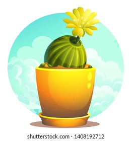 Vector cartoon illustration of cactus in a flower pot under the clouds. Background image for video web game user interface