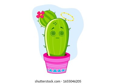 Vector cartoon illustration of cactus with flower in pot. Isolated on white background.