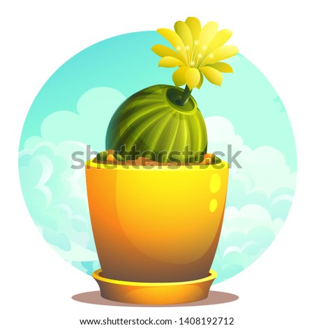 Vector cartoon illustration of cactus in a flower pot under the clouds. Background image for video web game user interface