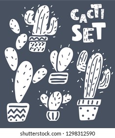 Vector cartoon illustration of Cactus isolated on dark background. Hand drawn set. Black and white hand drawn concept.