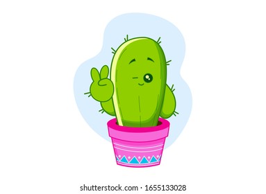 Dibujo vectorial de cactus en olla haciendo el ojo. Aislado sobre fondo blanco.