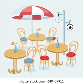 Vector cartoon illustration of Cafe Street Coffee Shop Chairs Table. Umbrella. Isolation object on white background