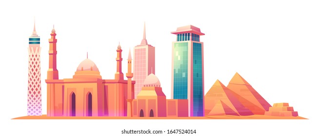 Vektorillustration-Cartoon-Illustration von Kairo-Turm, Giza-Pyramidenkomplex oder Giza-Necropolis, Moschee von Muhammad Ali Pasha oder Alabaster-Moschee, Ägyptische Skyline mit weltberühmten Wahrzeichen-Gebäuden