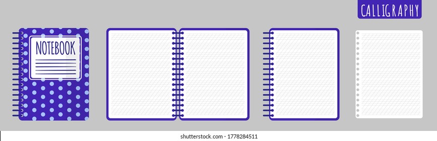 Vector cartoon illustration with calligraphy notebook, open notebook and blank sheets on white background. Back to school