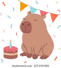 Vector cartoon illustration of a capybara sitting next to a cake with a lighted candle. Colored flags and confetti on the background. For use in birthday or holiday designs, greeting cards.