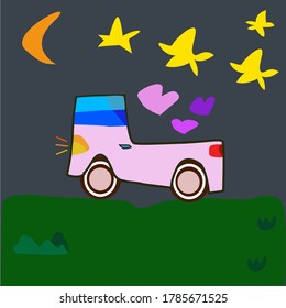 vector cartoon  illustration of a car driving at night in the forest.