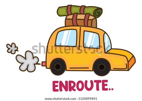 Vector cartoon illustration of car.\
Lettering  en route text. Isolated on white\
background.