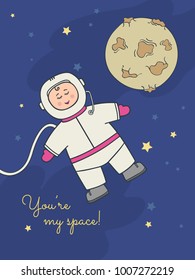 Vector cartoon illustration card or poster with cosmonaut girl and moon in space