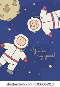 Vector cartoon illustration card or poster with cosmonauts girl and boy in space