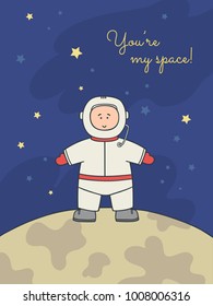 Vector cartoon illustration card or poster with cosmonaut boy aon the moon in space