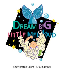 Vector cartoon illustration for cards, posters, prints and more. Kawaii mermaid with handwritten inspirational quotes “Sea and beach girl” on a black square with water bubbles and stars around