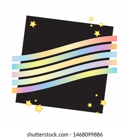 Vector cartoon illustration for cards, posters, prints and more. Template for banners or labels. Modern rainbow waves with stars on black background