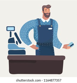 Vector cartoon illustration of cashier man hold credit plastic card in him hand. Modern male characters on white background.