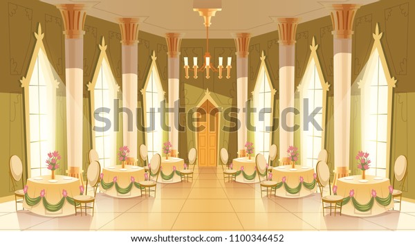 お城のホール 踊り場 王室のレセプション ディナー 宴会のベクターイラスト 中世宮殿の ダンスフロア シャンデリア 柱 テーブルと豪華な部屋の内部 の ベクター画像素材 ロイヤリティフリー