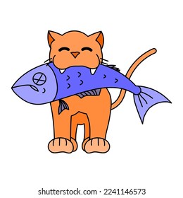 Vector cartoon illustration of a cat bringing a fish as food