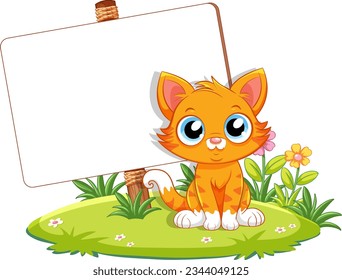 A vector cartoon illustration of a cat character with a nature outdoor background border