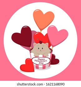 Vector cartoon illustration Cat cupcake with hearts candies Valentine`s day card. Lovely and sweet