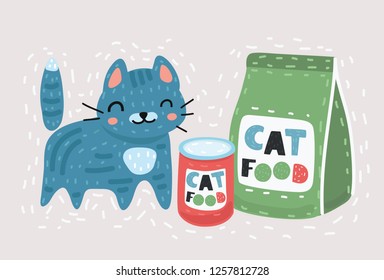 Vector cartoon illustration of cat daydreaming about his favorite dish.