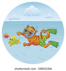 Vector cartoon illustration. Cat floats in a mask for diving.