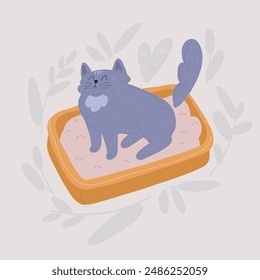 Vector cartoon illustration of Cat litter box. Plastic catbox filled with crystal litter. Pet supplies for pet shop.