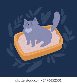 Ilustración de dibujos animados de Vector de la caja de arena del gato. Caja de gatos de plástico llena de arena. Suministros para mascotas para tienda de mascotas sobre fondo oscuro