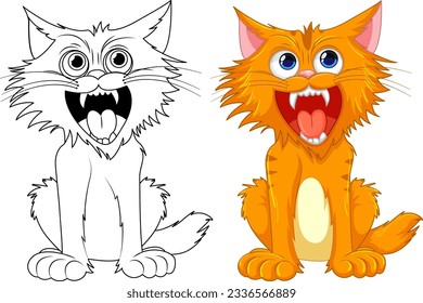 A vector cartoon illustration of a cat with its mouth open and sharp teeth, isolated on a white background
