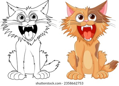 A vector cartoon illustration of a cat with its mouth open and sharp teeth, isolated on white