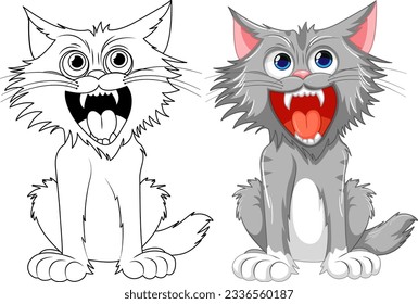 A vector cartoon illustration of a cat with an open mouth and sharp teeth, isolated on a white background