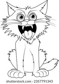 A vector cartoon illustration of a cat with an open mouth and sharp teeth, isolated on a white background