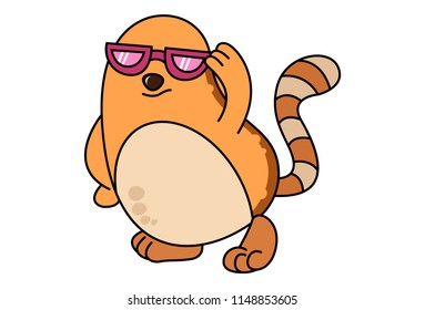 Vector cartoon illustration of cat with pink glasses on face. Isolated on white background.
