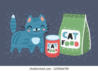 Vector cartoon illustration of cat sitting next to a food, Dry and canned on dark background.