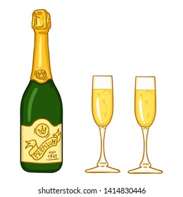 Vector Cartoon Illustration - Champagne Bottle and Two Glasses