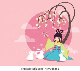 Vector cartoon illustration Chang'e legend Mid autumn festival. The Chinese Goddess of Moon, rabbits, moon, laurel tree. Aspect ratio for greetings card, banner, book cover, packaging design.