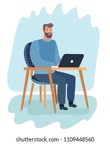 Vector cartoon illustration of Cartoon Character. Bearded Hipster Sitting in the Room, working with Laptop and cry.