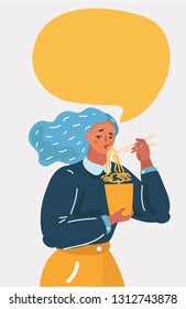 Vector cartoon illustration of character eating noodles. Funny Chinese food concept. Speech bubble above her. Woman character on white isolated background.