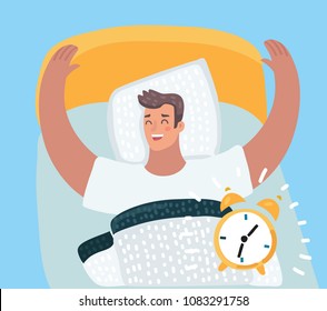 Vector cartoon illustration of Cartoon character, Happy man wake up from the sound of the alarm clock in his bed.