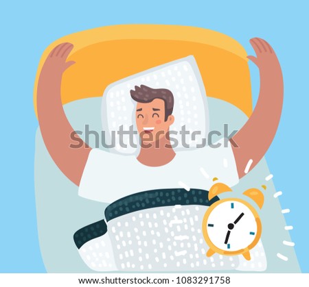 Vector cartoon illustration of Cartoon character, Happy man wake up from the sound of the alarm clock in his bed.