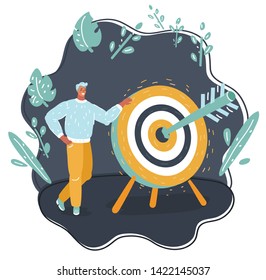 Vector cartoon illustration with character man standing with a big target and arrow on dark background. Well done.