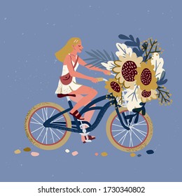 Dibujo vectorial del personaje de una joven rubia adulta en bicicleta vestida. Hora de verano. Los girasoles en la canasta. Estilo moderno dibujado a mano.
