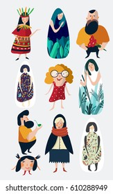 Vector cartoon illustration character set. Sleepy girl, kid, hipster, indian girl