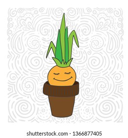 Vector cartoon illustration. Cartoon character. A small onion smiles in a flower pot.