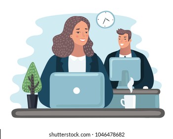 Vector cartoon illustration of character woman and man working in office behind their desk with desktop computer and coffee. Staff using computer. Support consult service. Coworkers.