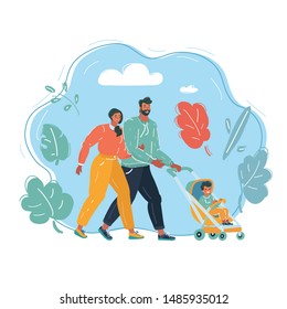 Vector cartoon illustration of cartoon characters parents with a stroller and a child walkin in park. Happy family walks with baby. Woman and a man with a toddler in a stroller.