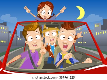 Vector cartoon illustration of characters in road trip on the evening city background