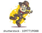 Vector cartoon illustration of Charlie Chaplin dancing with walking stick. 