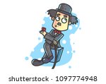 Vector cartoon illustration of Charlie Chaplin sitting in table, red rose in hand and walking  stick. 