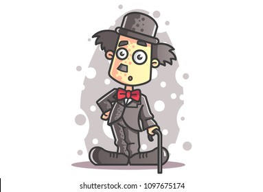 Vector cartoon illustration of Charlie Chaplin standing with walking stick. 