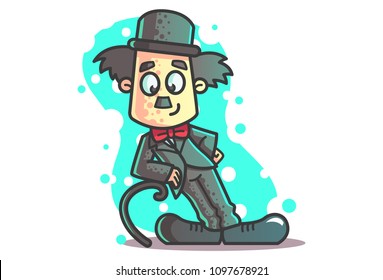 Vector cartoon illustration of Charlie Chaplin funny pose with walking stick  . 