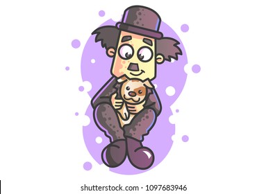 Vector cartoon illustration of Charlie Chaplin holding dog in hand.