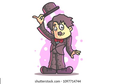 Vector cartoon illustration of Charlie Chaplin with hat. 